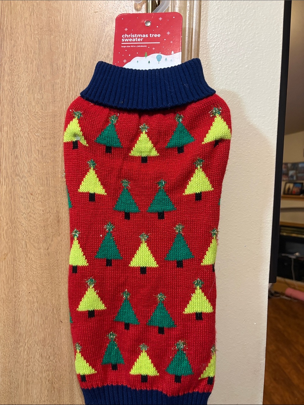 Holiday Dog Sweater - Red with Green & Yellow Trees